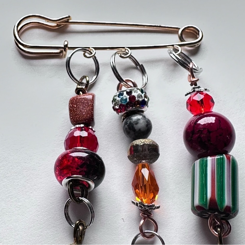 Brooch Multi Charm Glass Bead Dangle Safety Pin, Kilt Bar Pin Handmade OOAK 4400